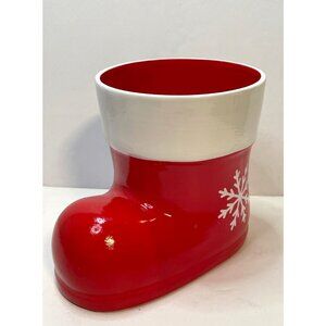 Christmas Santa Boot ceramic planter candle holder red 6" tall snow flake xmas